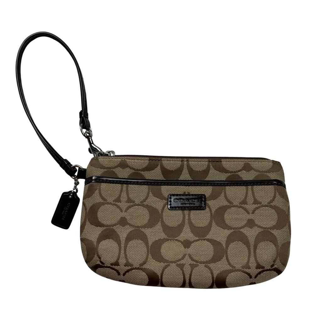 Coach Signature Canvas Wristlet Khaki Mahogany Brown F51685